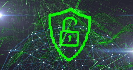 Green shield and unlocked padlock icon glowing in cyberspace, white nodes, lines, data waveforms