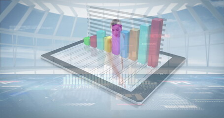 Displaying tablet with transparent analyst overlay projecting in glass hall, with 3D chart columns
