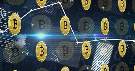 Floating gold bitcoin coin spinning in online market feed, with numeric data and graph connectors