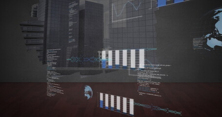 Projecting holographic data in dark room, with 3D building, floating code, charts and world map