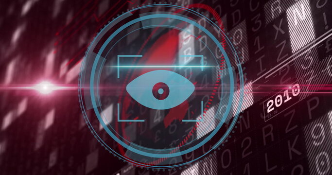 Animating teal reticle scanning on screen, with eye icon, pink scan line, red map, code, 2010 - Powered by Adobe