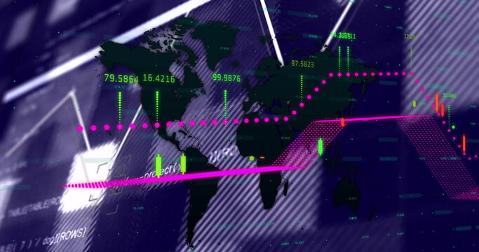 Showing world map with market trends on trade dashboard, featuring magenta points, candlestick bars - Powered by Adobe