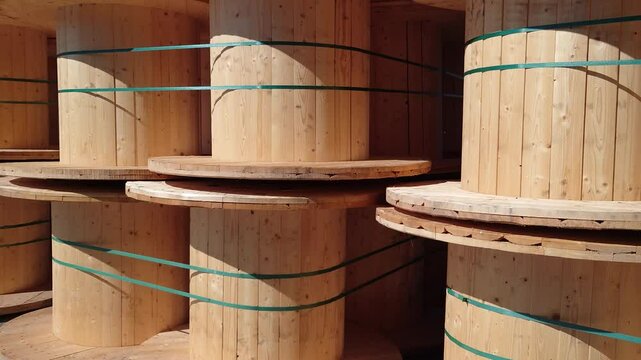lots of empty wooden cable spools