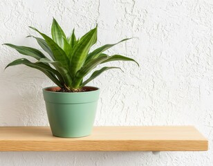 green plant in a pot on a wooden shelf against a white textured wall. minimalism in the interior