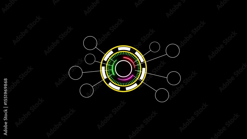 Poster futuristic digital interface glowing animated circle elements with data points on black