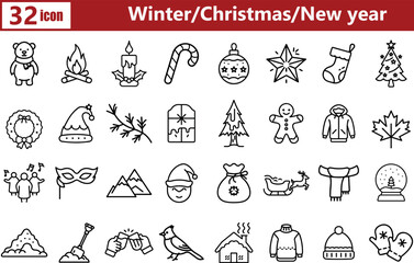 32 Vector Icons – Festive Winter, Christmas & New Year Line Art with Editable Stroke