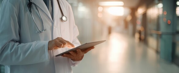 The doctor using a tablet in a modern hospital corridor during work hours.