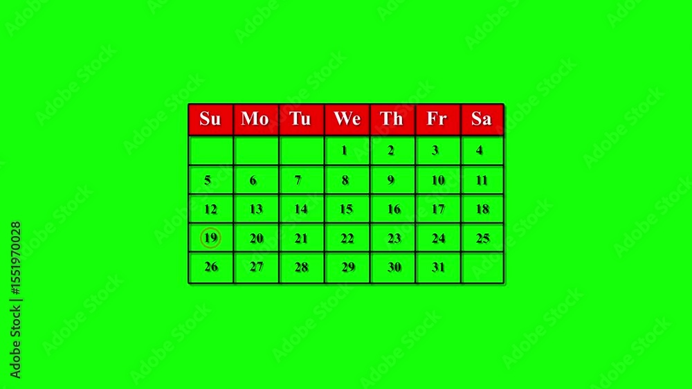 Poster digital calendar displaying dates with selected date highlighted on a green screen