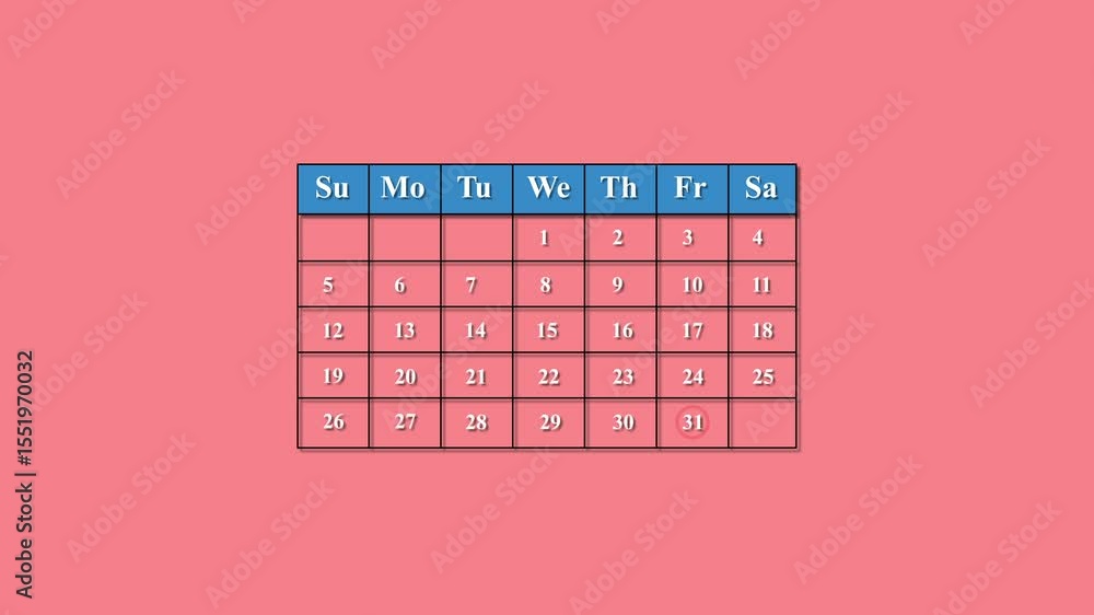 Poster calendar displayed with the date thirty-one highlighted on a pink background