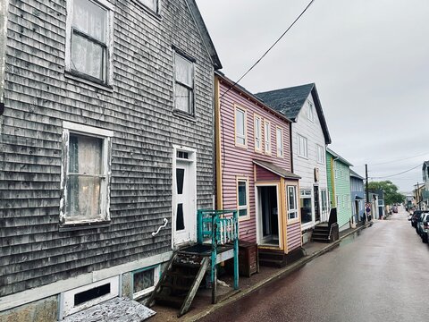The empty streets and shops of the small french colony of St. Pierre, on a rainy day in June, in St. Pierre and Miquelon, France
