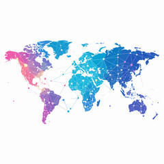 Abstract World Map with Global Network Connections in Blue Pink and Purple