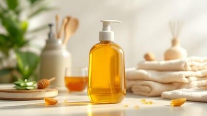 Natural skincare product bottle mockup with honey and aloe vera for beauty and wellness promotion use here