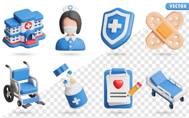Medical 3D Vector Icon Set: Hospital,Nurse,Shield,Wound,Plaster,Wheel chair,Pills bottle,Clipboard,Hospital bed