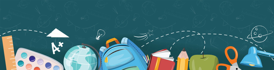 School background with stationery, backpack, globe, books, pencil, scissors, apple, lamp, creative education art