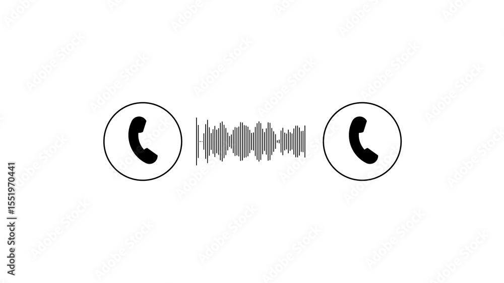 Poster animated illustration of a phone call with a waveform representing audio communication on a white ba