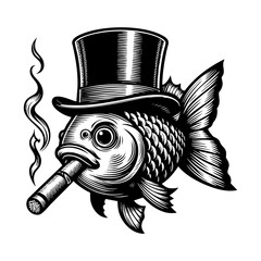 gold fish wear top hat and smoking cigar sketch engraving black and white outline. Scratch board imitation.  illustrated in vintage line art style on a white background.