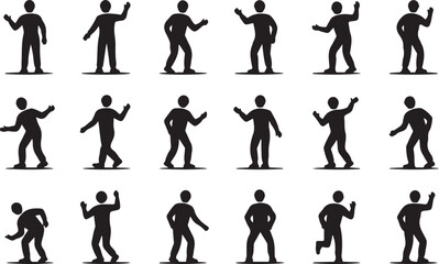 Set of stick people in different poses isolated on white background. Simple design stick figures. Black and white Icon or logo. Flat style vector illustration