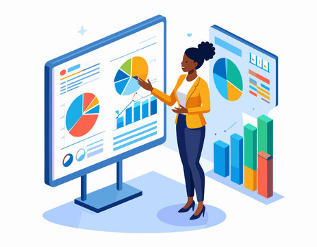 African American Businesswoman Presenting Financial Data with Colorful Charts and Graphs on Screen in a Modern Presentation Setting