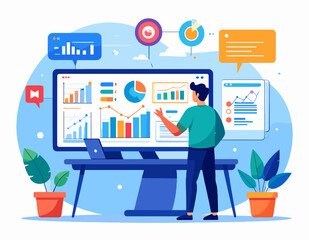 Analyzing Charts Graphs with Data on a Large Computer Screen in a Blue Office Setting with a Businessman Presenting
