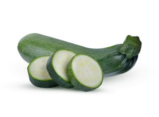 Fresh green zucchini sliced into circles on the  cutting  against the same whole  on transparent.