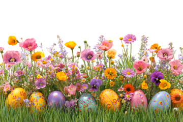 Easter eggs and spring flowers in a lush green grass