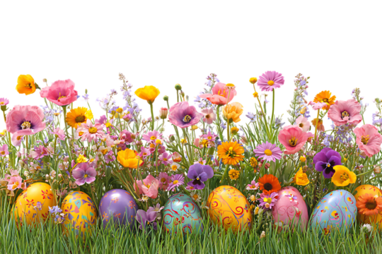 Easter eggs and spring flowers in a lush green grass