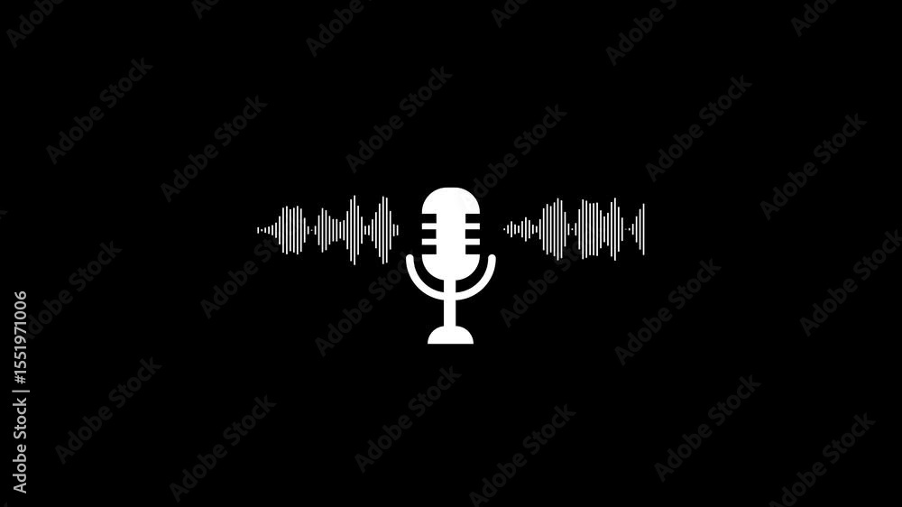 Poster minimalist microphone icon with audio waveforms illustrating podcast or recording concept on black b