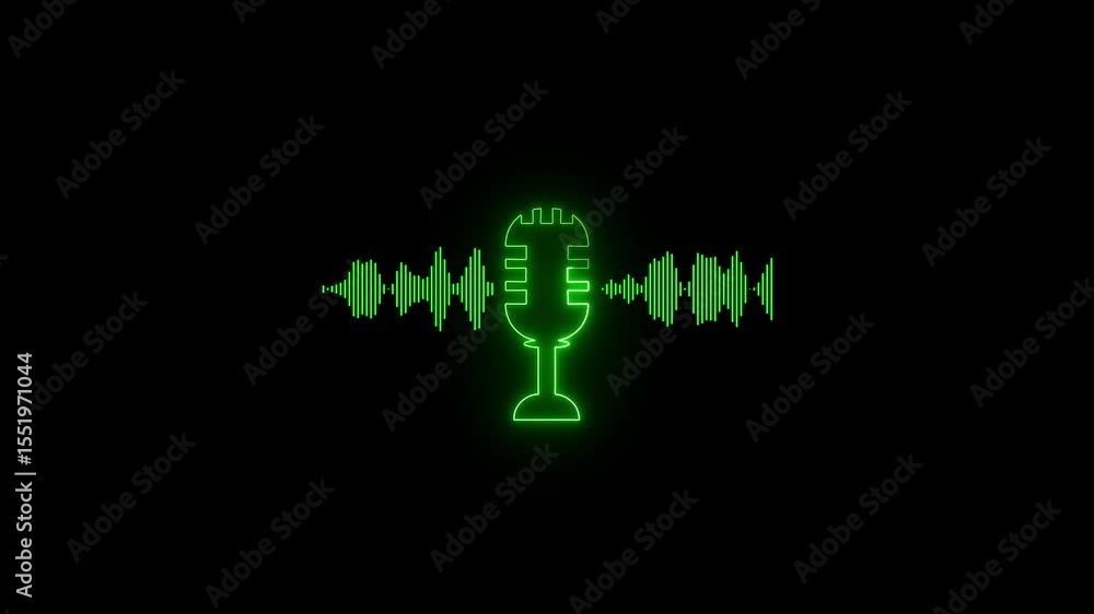 Poster glowing neon microphone with animated audio waveforms on a black background podcast concept