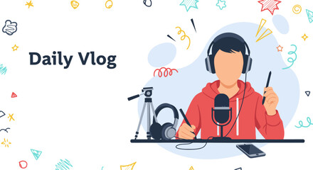 Faceless content creation character vlogging with mic and accessories for daily vlog in trendy flat vector illustration
