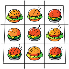 A grid layout illustration of various colorful burger set burger's is spicy with smoke, with white background



