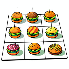 A grid layout illustration of various colorful burger set burger's is spicy with smoke, with white background



