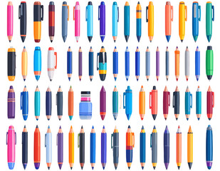 Assorted Pens and Markers Collection in Various Colors on White Background