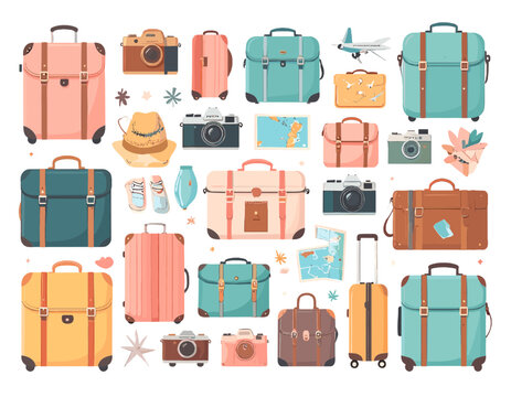 Assorted Luggage and Travel Item Collection with Cameras and Accessories on White Background Suitable for Travel Themed Projects