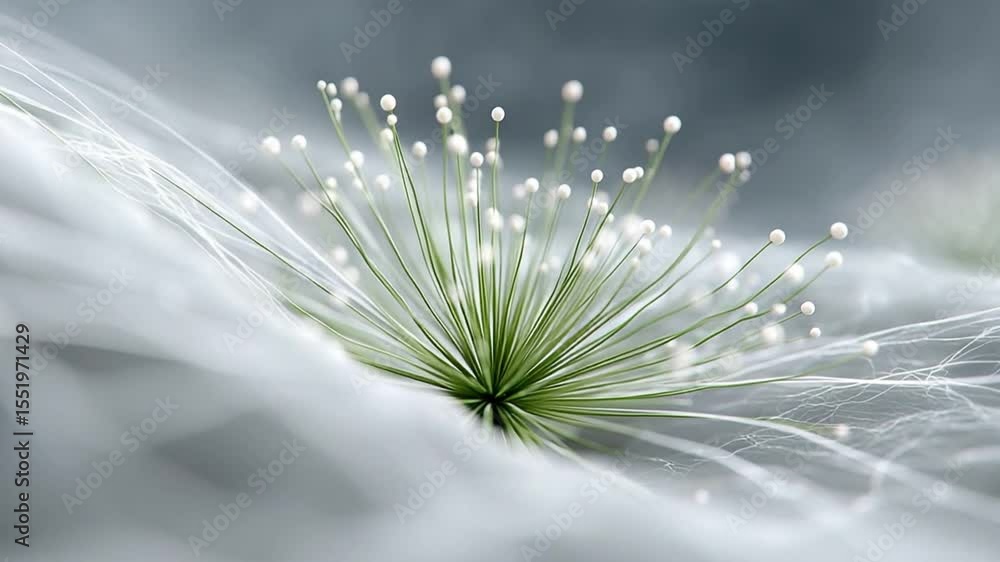 Poster ethereal seedhead: delicate seedhead with tiny white spheres, resembling fireworks, rests on a soft,