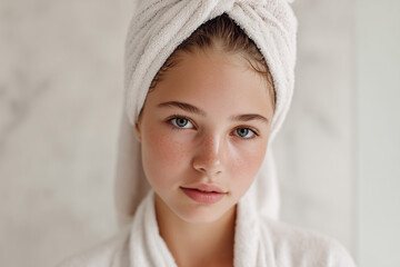Teen girl wrapped in towel standing by mirror in clean bathroom