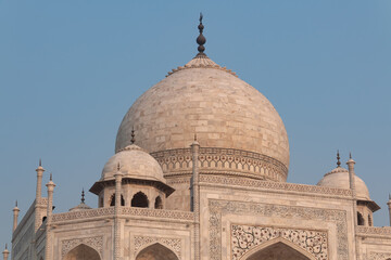 Closeup view of The Taj Mahal, The Taj Mahal is an ivory-white marble mausoleum on the south bank of the Yamuna river