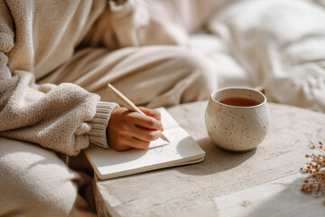Young woman journaling at table with tea in bright cozy space