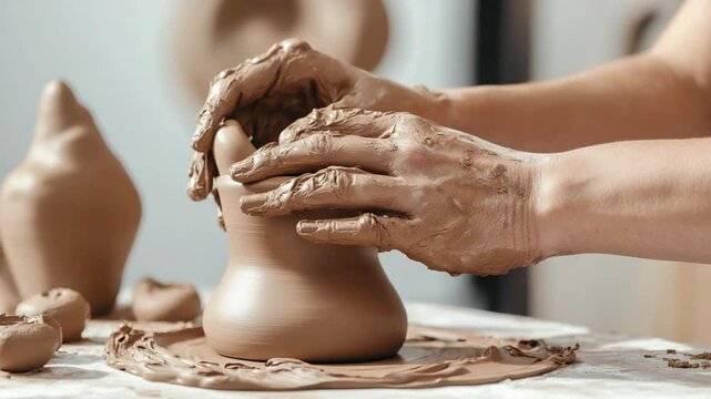 Crafting art with clay in hands. A potter shapes clay on a wheel in a close-up shot.