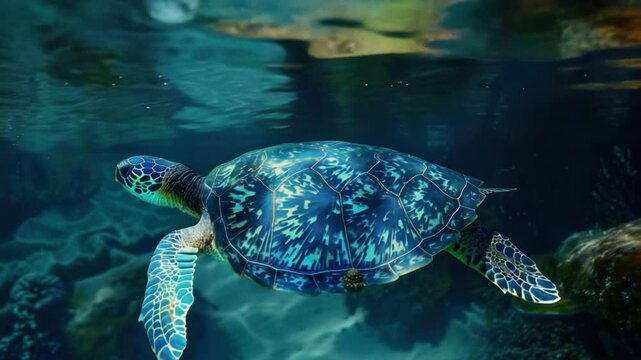 An underwater view of a sea turtle gracefully swimming in the ocean. The turtle's shell is detailed with beautiful patterns, while the water is a clear, inviting blue