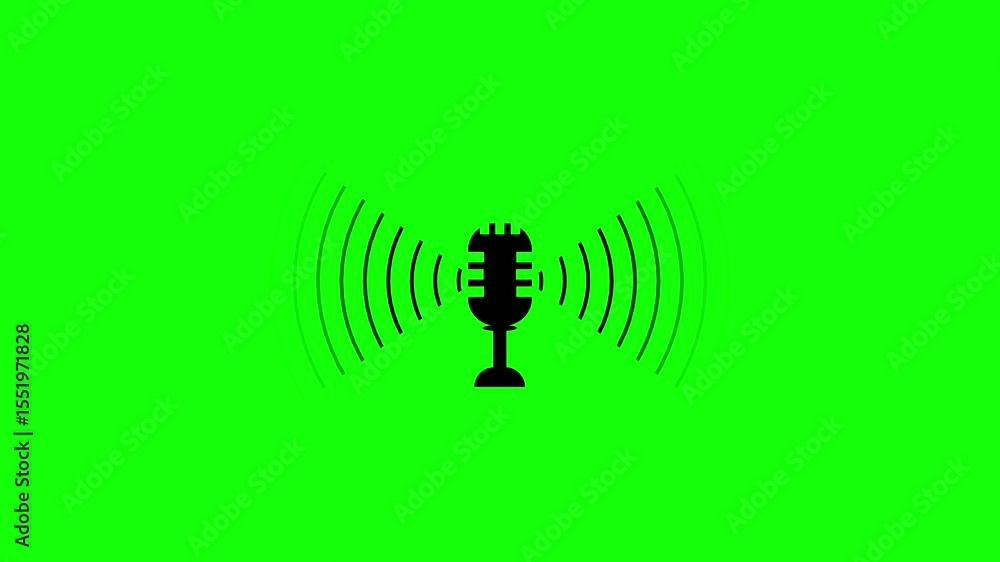Poster silhouette microphone symbol with sound waves animation on a vibrant green background for audio comm
