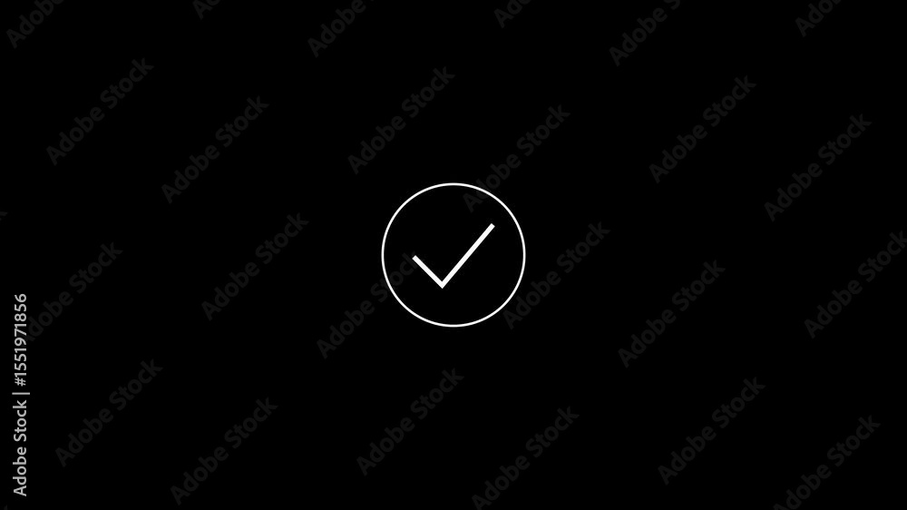 Poster animated white checkmark icon in a circle appearing on a black background for approval and completio