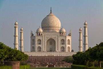 Closeup view of The Taj Mahal, The Taj Mahal is an ivory-white marble mausoleum on the south bank of the Yamuna river