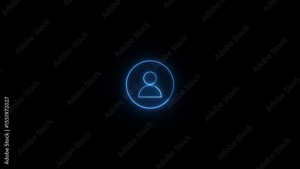 Poster glowing neon user profile icon animation on black background representing account or identity