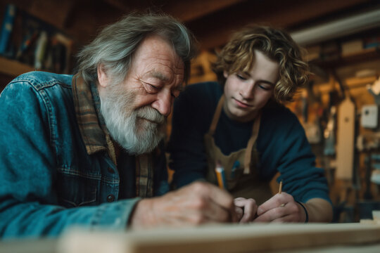 A senior man and a young boy are drawing together on a wooden surface in a workshop. Mentoring, family tradition, craftsmanship, woodcraft.
