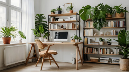 Scandinavian Wall with Books and Plants – Minimalist Home Interior