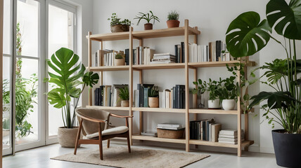 Scandinavian Wall with Books and Plants – Minimalist Home Interior