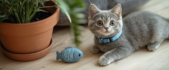 Charming gray kitten with blue collar relaxing next to plant and fish toy