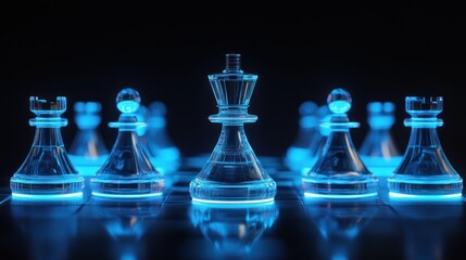 Crystal Chess Pieces Illuminated with Blue Light on a Dark Chessboard