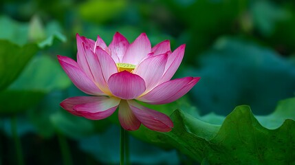 Obraz premium A vibrant pink lotus flower in full bloom with lush green leaves in the background. .