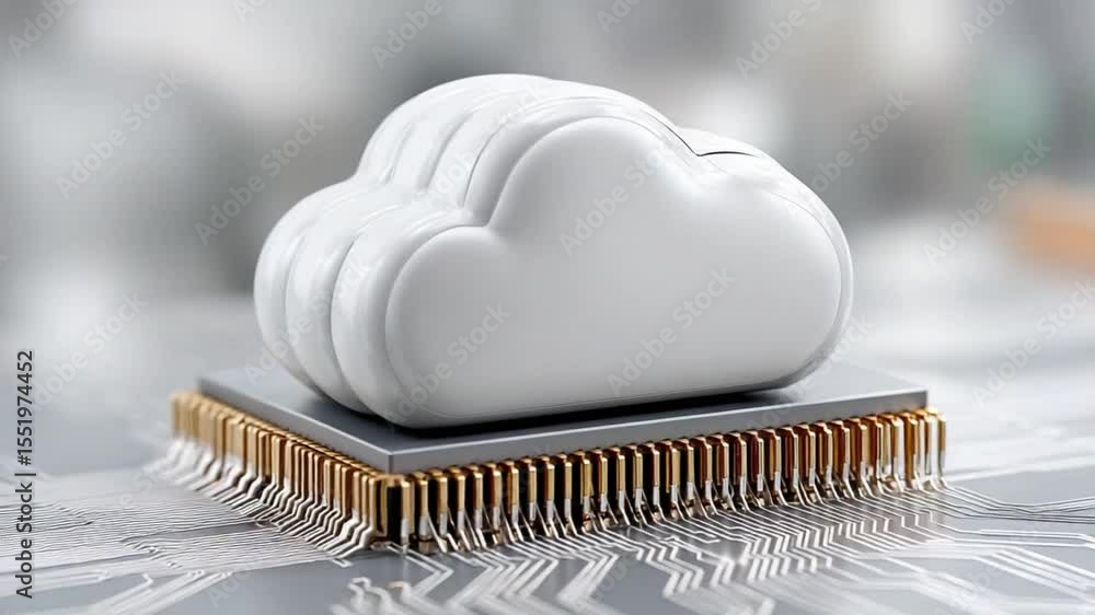 Poster Cloud Computing and Chipset: Conceptual image of a cloud on top of a chipset, illustrating the digital world's reliance on data storage and processing capabilities.